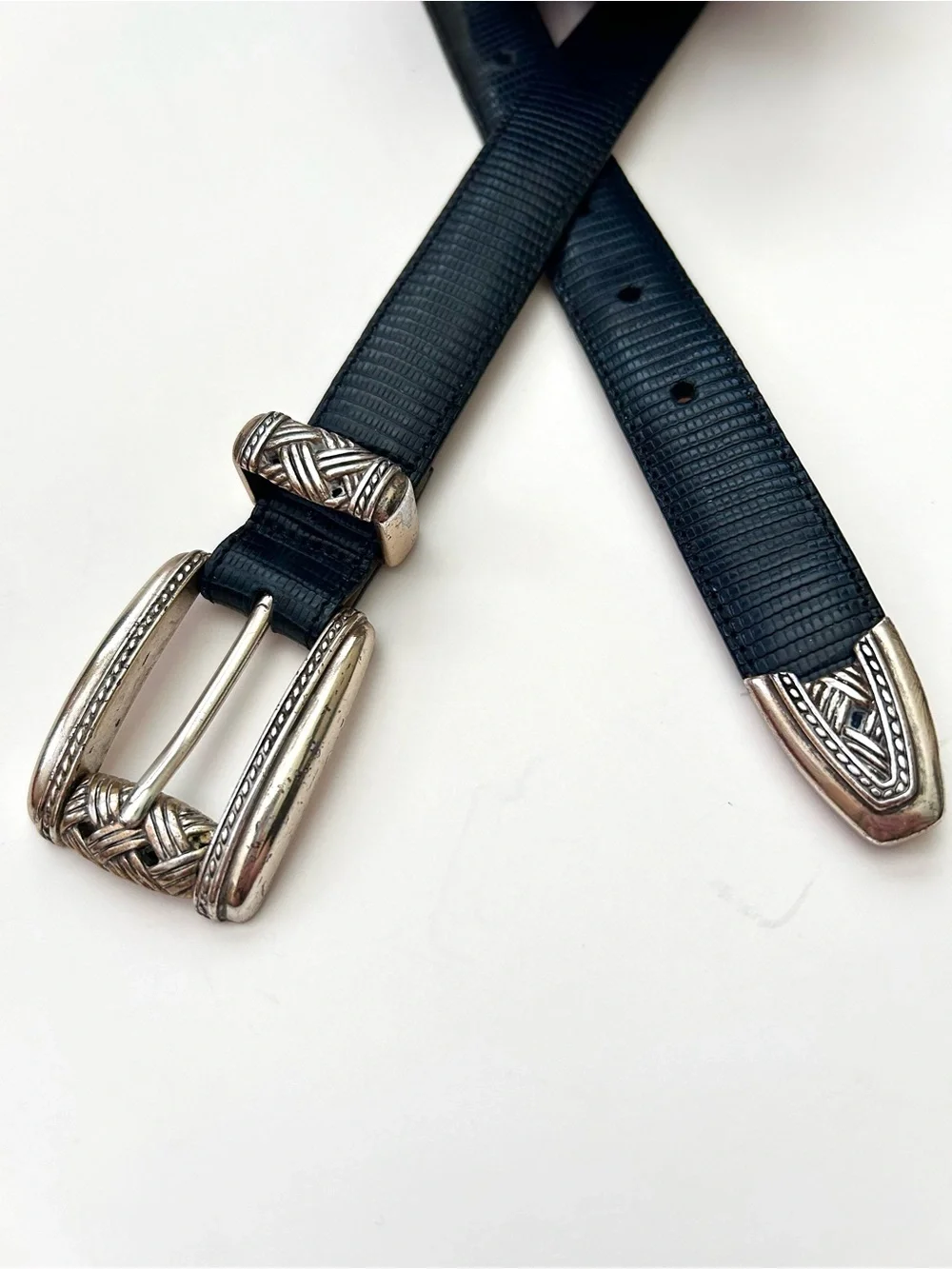 Brighton Deep Blue/Navy Reptile Embo Leather Belt Size M